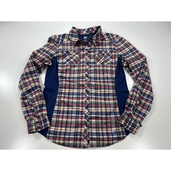 REI Co-op Women's Medium Blue Plaid Button Up Vented Hiking Shirt Roll Tab L/S - Picture 2 of 11